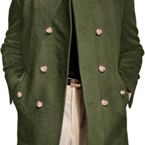Mens Trench Coat Double Breasted Stand Collar Pea Coat Casual Fall Winter Warm Mid Long Overcoat