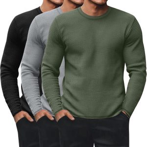 3 Pack Men's Waffle Long Sleeve Shirts, Crew Neck Thermal Underwear Tops Casual Pullover Sweaters Knit Undershirts