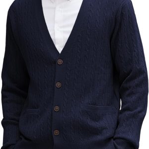 Men's Cardigan Sweater Wool Blend Cable Knit V Neck Buttons Cardigan with Pockets