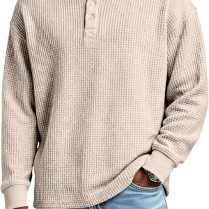 Mens Waffle Long Sleeve Shirt Slim Fit Henley Long Sleeve Thermal Shirts Casual Lightweight Comfort Oversized Tshirts