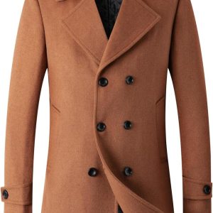 Men's Classic Double Breasted Wool Blend Pea Coat Mid Long Trench Coat