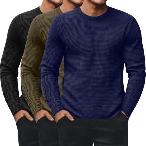 3 Pack Men's Waffle Long Sleeve Shirts, Crew Neck Thermal Underwear Tops Casual Pullover Sweaters Knit Undershirts