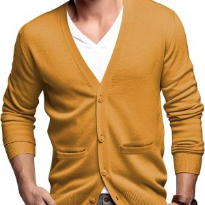 Men's 100% Cotton Cardigan Sweater Casual V-Neck Button Down Knitted Outerwear with Pockets