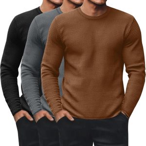 3 Pack Men's Waffle Long Sleeve Shirts, Crew Neck Thermal Underwear Tops Casual Pullover Sweaters Knit Undershirts
