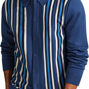 Mens Vintage Striped Knit Polo Shirt Long Sleeve Button Down Cardigan Sweater