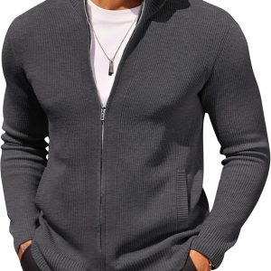 Mens Zip Up Cardigan Sweater Slim Fit Casual Full Zip Sweaters Knit Stand Collar Cardigans with 2 Front Pockets