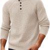 Mens Sweaters Casual Waffle Pullover Sweater Button Crewneck Textured Knit Henley Sweaters