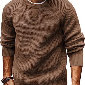 Mens Crewneck Sweater Waffle Knitted Pullover Sweaters Raglan Sleeve Knitwear Sweaters