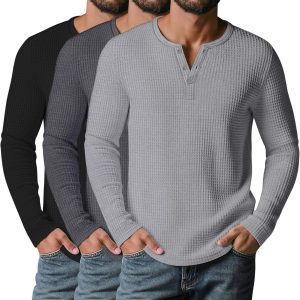 3 Pack Men’s Waffle Henley Shirts, Long Sleeve Button Tops Casual Basic T-Shirts Lightweight Knit Pullover